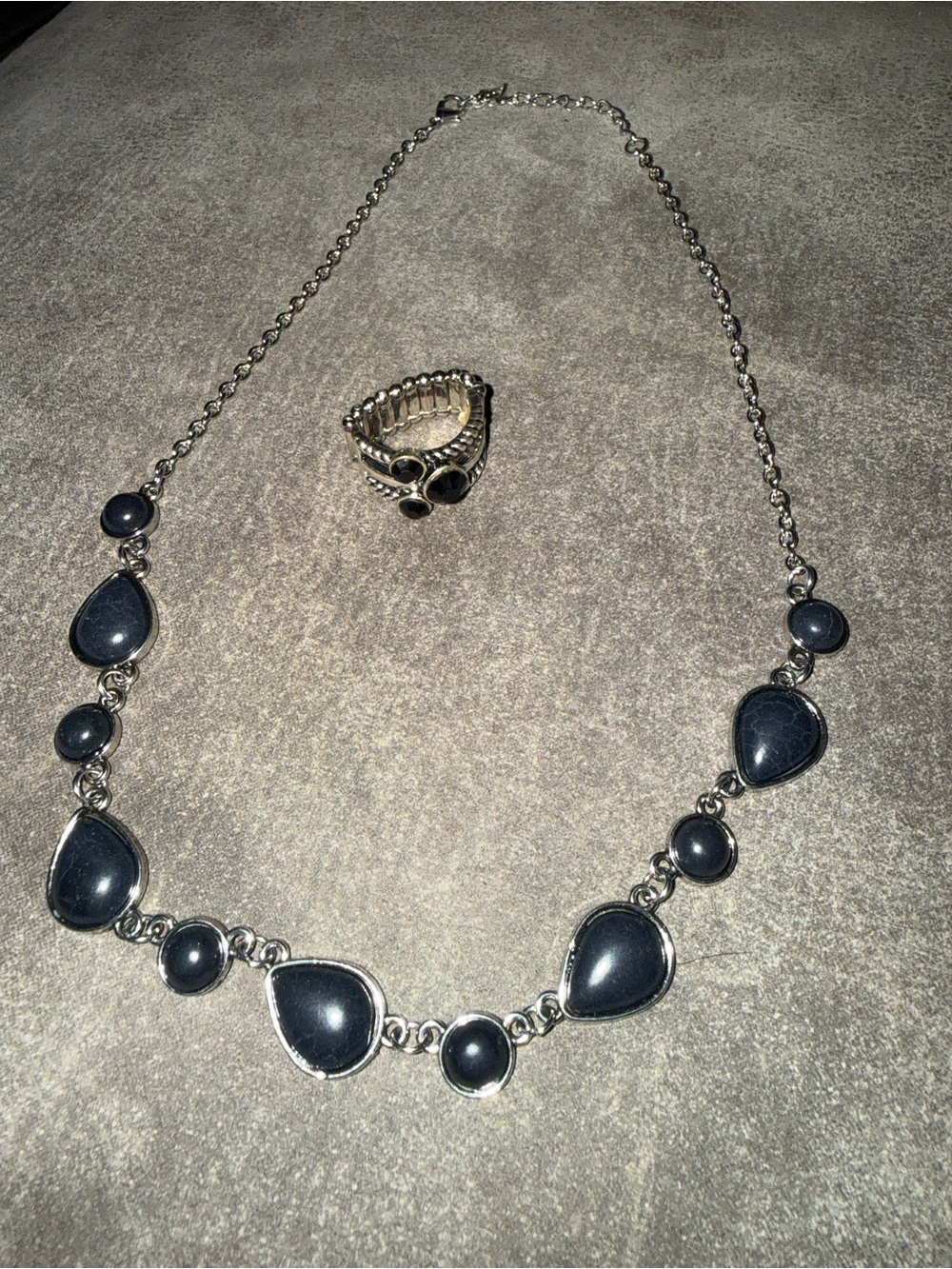 Silver-Tone Black Stone Teardrop Necklace and Ring Set